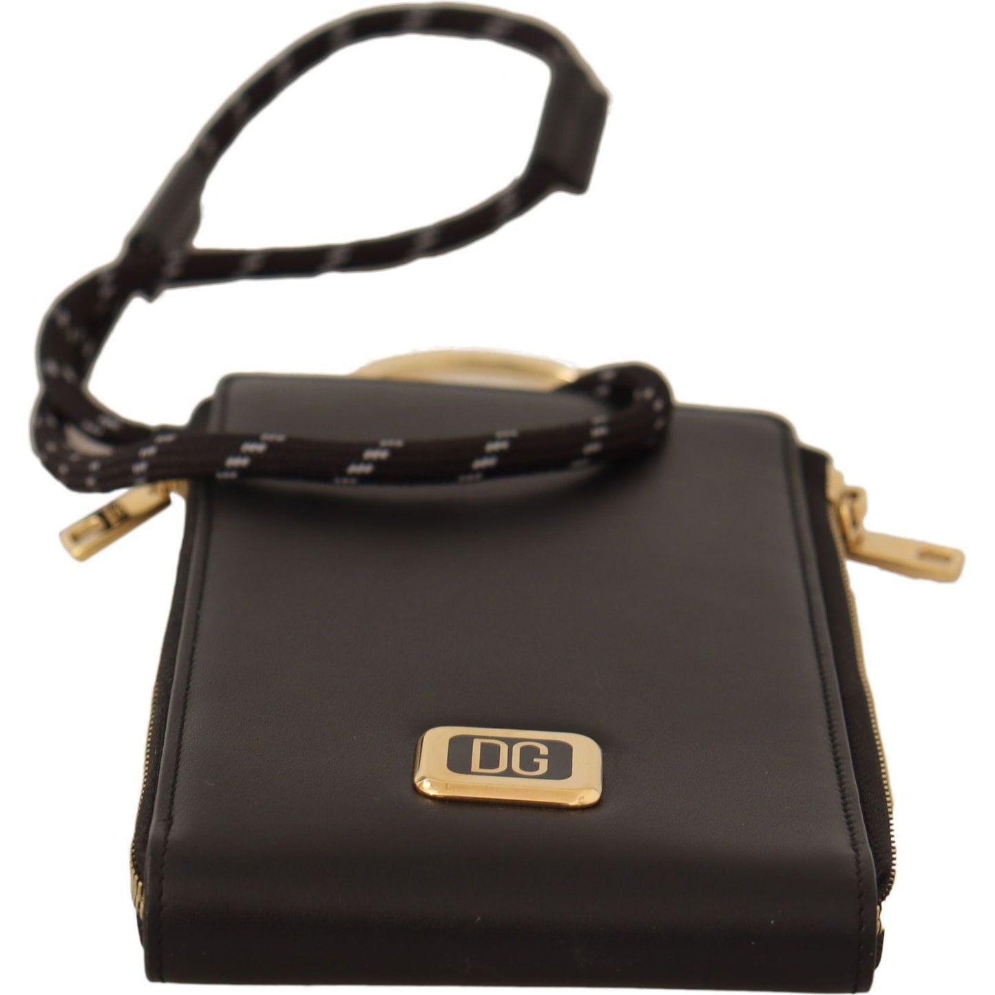 Dolce & Gabbana Elegant Black Leather Strapped Wallet WOMAN WALLETS black-leather-logo-plaque-neck-strap-card-coin-wallet