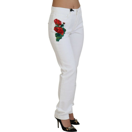 Dolce & Gabbana Elegant White Mid Waist Skinny Jeans white-floral-embroidery-skinny-denim-jeans