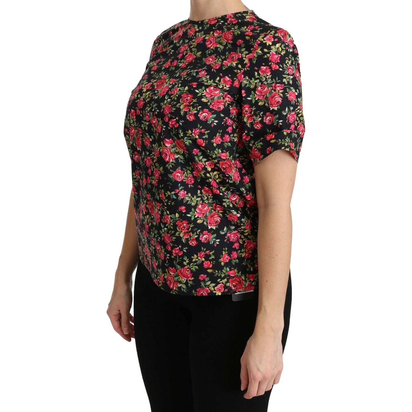 Dolce & Gabbana Elegant Black Floral Crew Neck Top black-floral-roses-short-sleeve-top-blouse