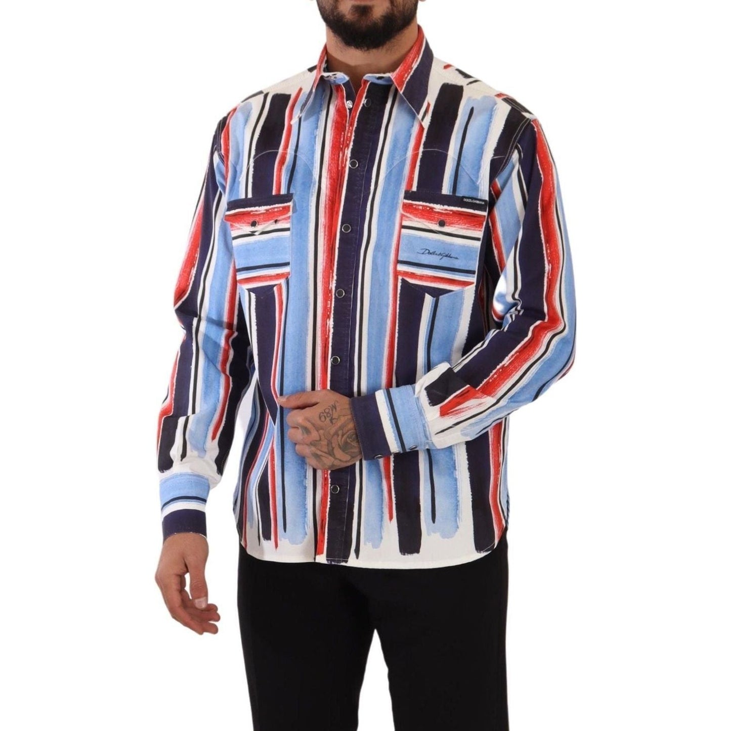 Dolce & Gabbana Elegant Striped Cotton Shirt with Pockets red-striped-long-sleeve-cotton-shirt-blue