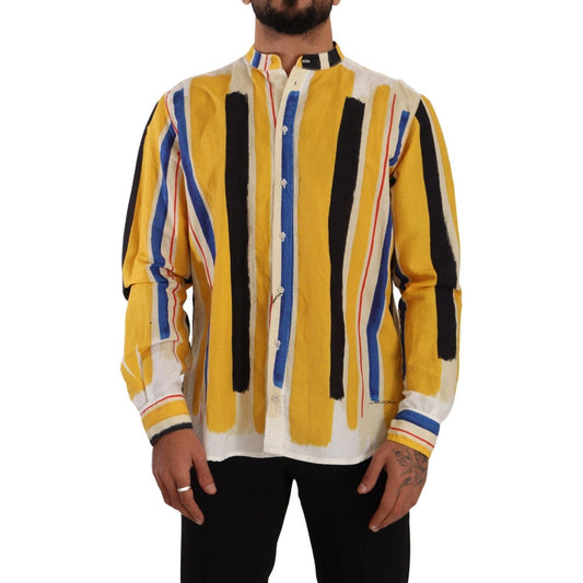 Dolce & Gabbana Elegant Yellow Striped Henley Shirt yellow-striped-henley-linen-cotton-shirt