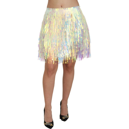 Dolce & Gabbana Iridescent Fringe Mini Skirt Mid Waist multicolor-iridescent-fringed-tulle-skirt