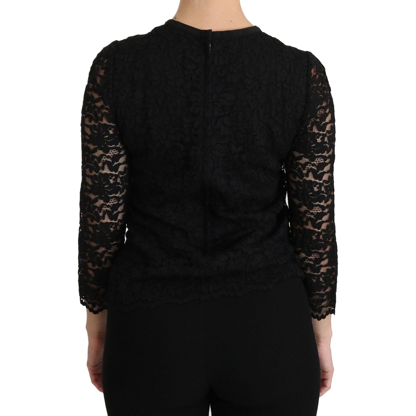 Dolce & Gabbana Elegant Black Lace Crew Neck Blouse black-lace-long-sleeve-nylon-blouse