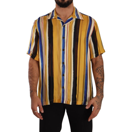 Dolce & Gabbana Yellow Striped Silk-Blend Men's Shirt yellow-striped-short-sleeve-silk-shirt IMG_2504-scaled-e4f1d441-b7f.jpg