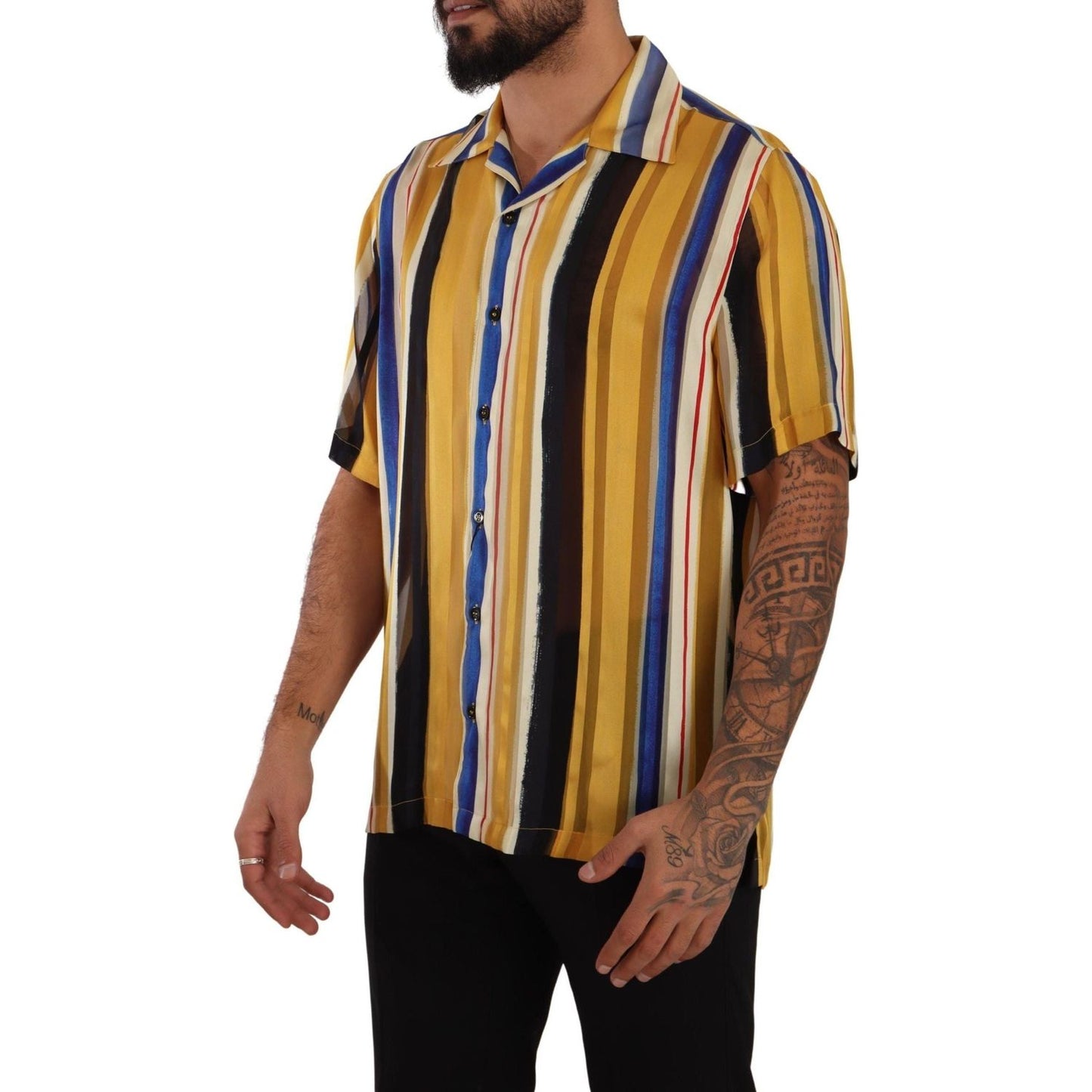 Dolce & Gabbana Yellow Striped Silk-Blend Men's Shirt yellow-striped-short-sleeve-silk-shirt