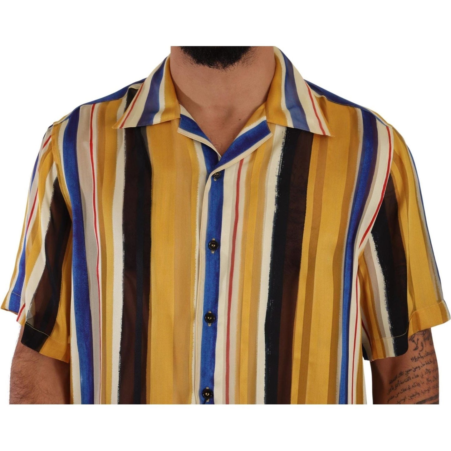 Dolce & Gabbana Yellow Striped Silk-Blend Men's Shirt yellow-striped-short-sleeve-silk-shirt