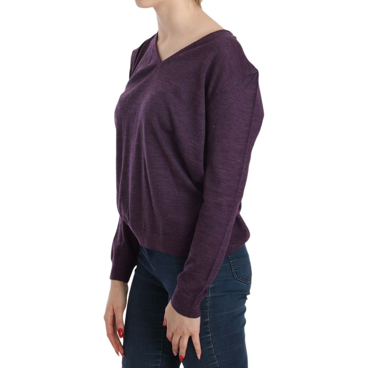 BYBLOS Elegant Purple V-Neck Wool Blouse purple-v-neck-long-sleeve-pullover-top