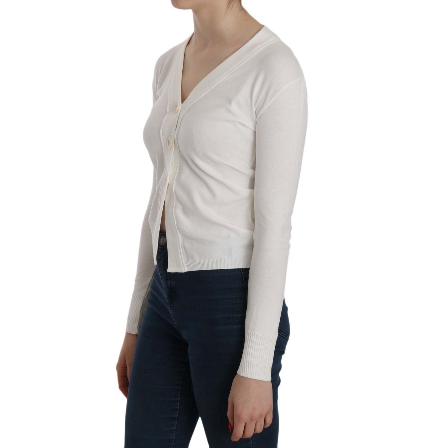 BYBLOS Elegant White V-Neck Cropped Cardigan Blouse white-v-neck-long-sleeve-cropped-cardigan-tops-sweater