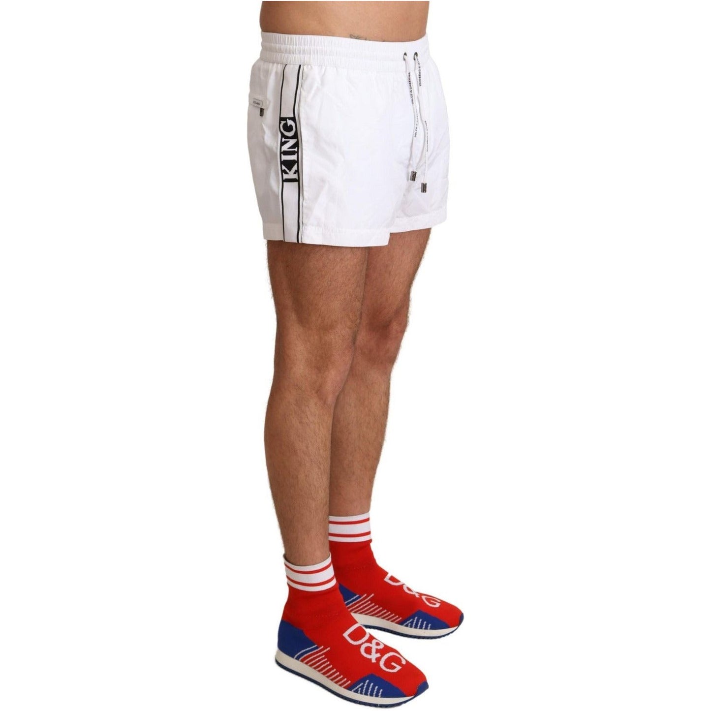 Dolce & Gabbana Elegant White KING Motive Swim Trunks white-king-mens-beachwear-swimwear-shorts IMG_2567-scaled-e205d9fc-34b.jpg