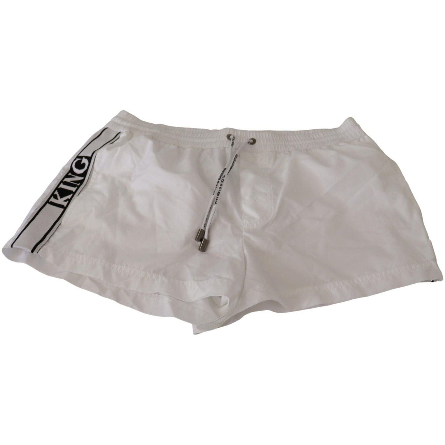 Dolce & Gabbana Elegant White KING Motive Swim Trunks white-king-mens-beachwear-swimwear-shorts IMG_2569-scaled-bf499672-a36.jpg