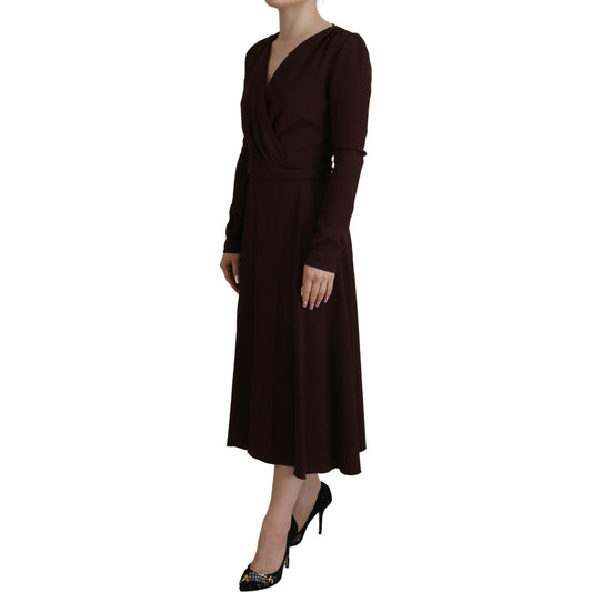 Dolce & Gabbana Elegant Brown Long Sleeve Wrap Dress brown-wrap-long-sleeve-midi-stretch-dress