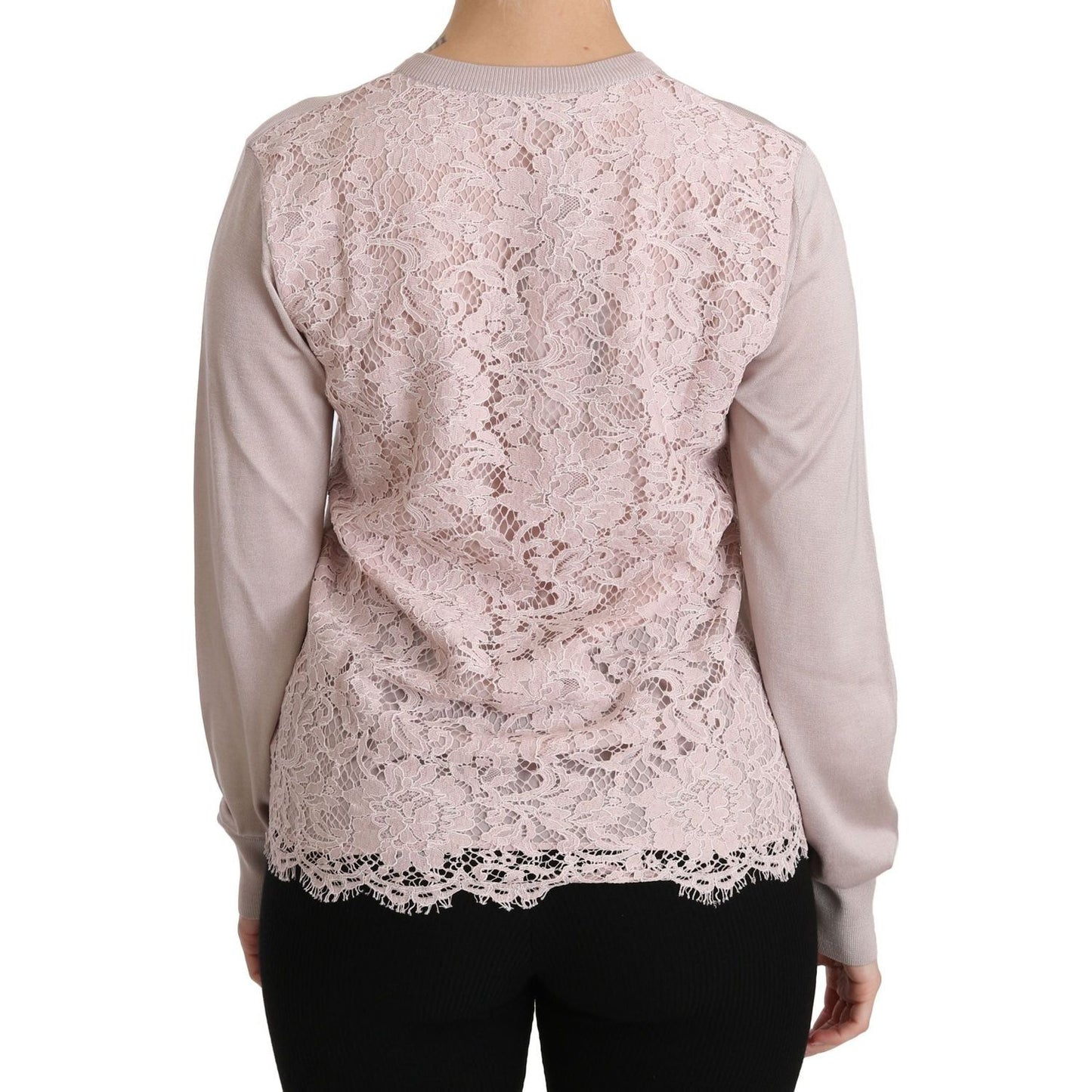 Dolce & Gabbana Silk Blend Pink Crew Neck Cardigan silk-pink-long-sleeve-lace-top-sweater