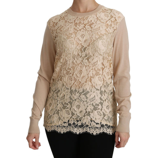 Dolce & Gabbana Elegant Beige Lace Crew Neck Cashmere Blouse beige-lace-long-sleeve-top-cashmere-blouse