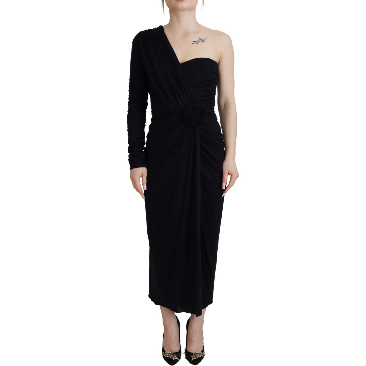 Dolce & Gabbana Elegant Black Sheath Wrap Wool Dress black-wrap-sheath-long-gown-wool-dress