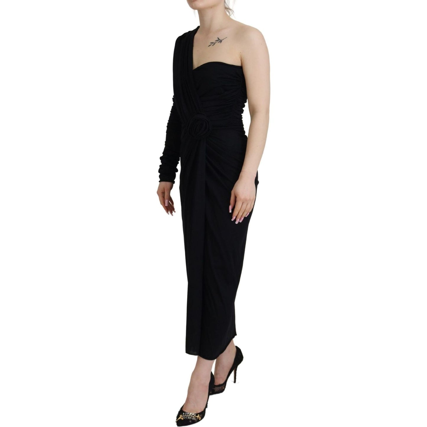 Dolce & Gabbana Elegant Black Sheath Wrap Wool Dress black-wrap-sheath-long-gown-wool-dress