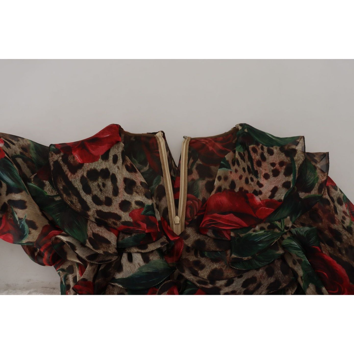 Dolce & Gabbana Silk Leopard Print & Red Roses Dress WOMAN DRESSES brown-leopard-roses-silk-ruffled-gown-dress
