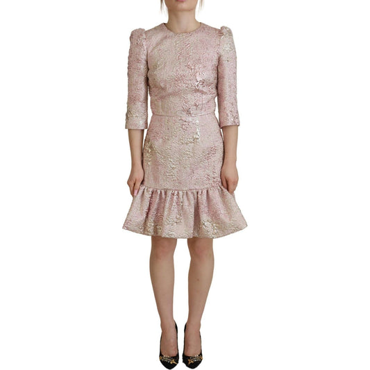 Dolce & Gabbana Elegant Pink Jacquard Midi Sheath Dress WOMAN DRESSES pink-jaquard-3-4-sleeve-sheath-midi-dress IMG_2640-scaled-53765f5f-33a.jpg
