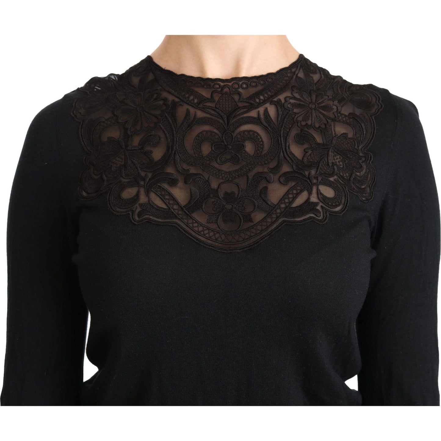 Dolce & Gabbana Elegant Silk-Blend Black Lace Blouse black-silk-lace-crew-neck-long-sleeve-blouse
