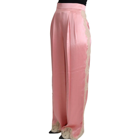 Dolce & Gabbana Silk Blend Satin Wide-Leg Pants in Pink pink-lace-trimmed-silk-satin-wide-legs-pants