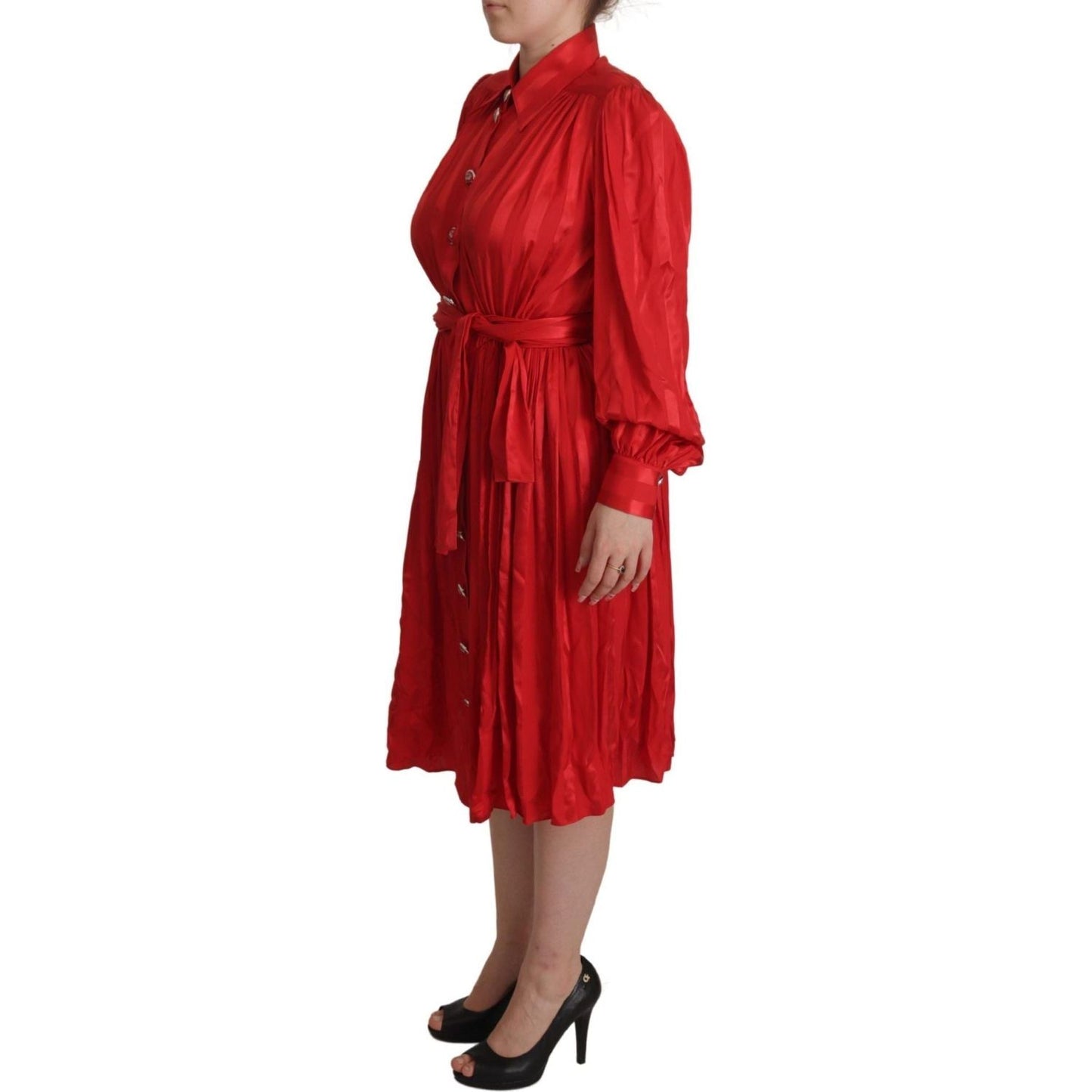 Dolce & Gabbana Elegant Red Silk Midi Dress with Button Detail red-button-down-belted-midi-satin-silk-dress