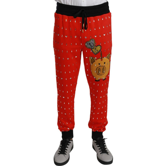 Dolce & Gabbana Chic Red Piggy Bank Print Sweatpants red-piggy-bank-cotton-crystal-trousers-pants IMG_2750-scaled-e9bfeb0f-785.jpg