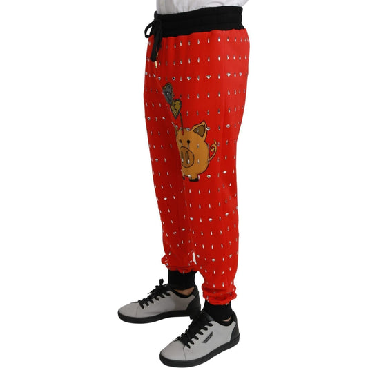 Dolce & Gabbana Chic Red Piggy Bank Print Sweatpants red-piggy-bank-cotton-crystal-trousers-pants IMG_2751-scaled-1bc0144f-c6e.jpg