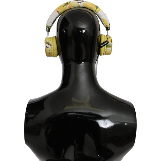 Dolce & Gabbana Chic White Leather Headphones with Yellow Print white-yellow-lemon-print-headset-headphones