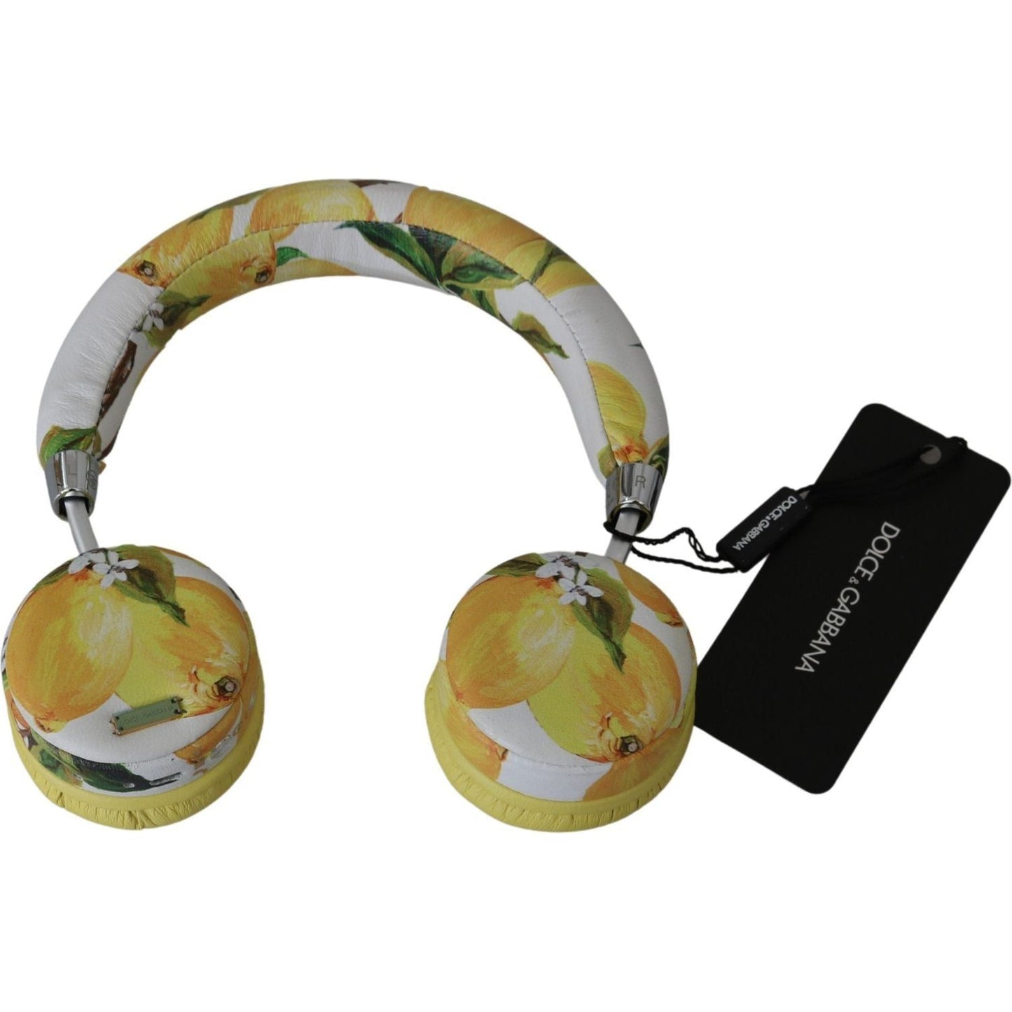 Dolce & Gabbana Chic White Leather Headphones with Yellow Print white-yellow-lemon-print-headset-headphones