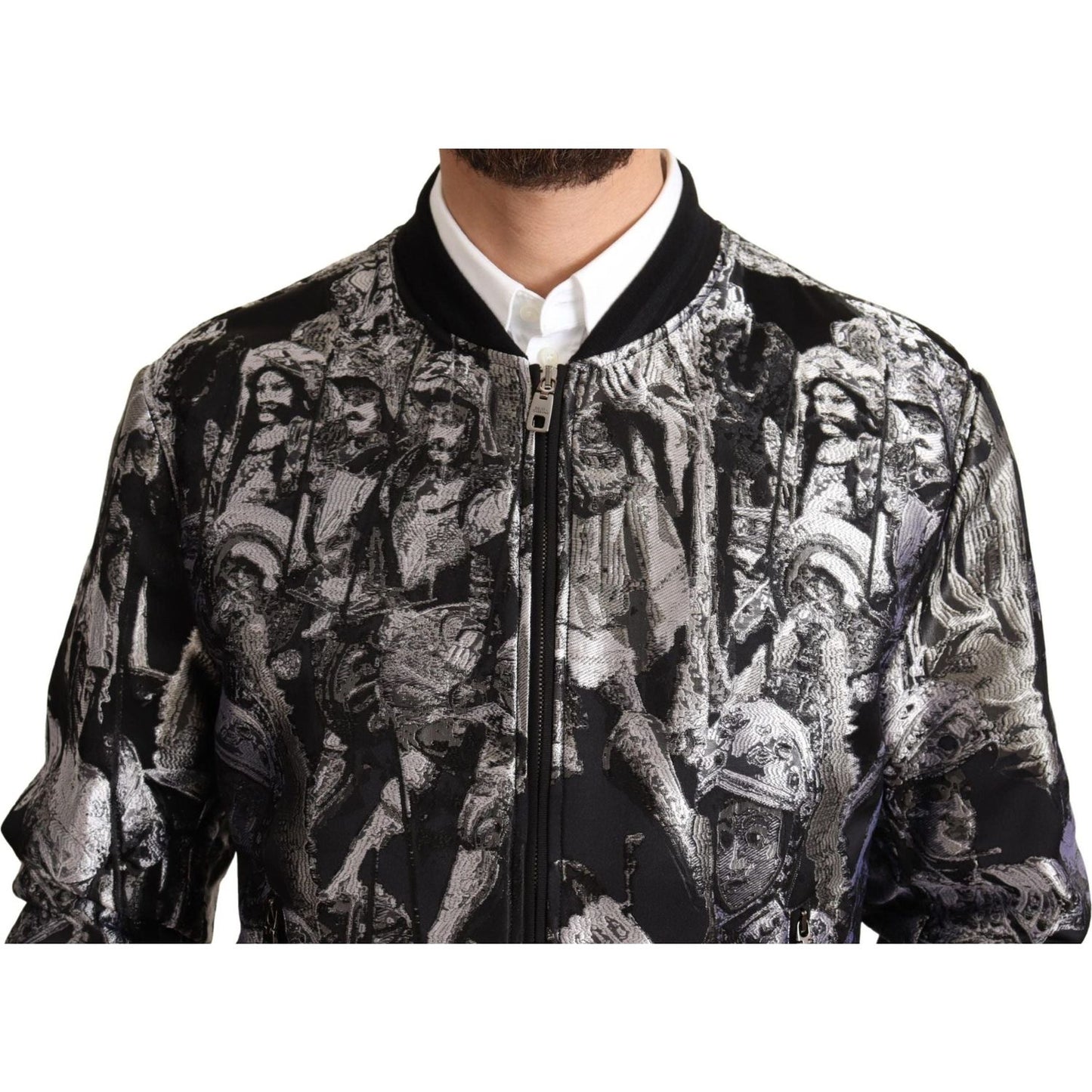 Dolce & Gabbana Elegant Black Bomber Jacket with Silver Details black-silver-puppi-motive-bomber-jacket