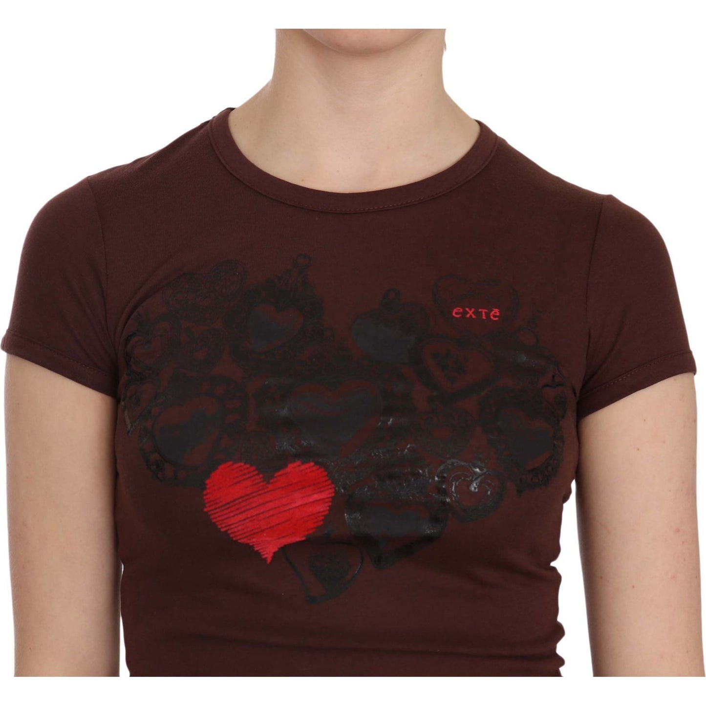 Exte Chic Brown Hearts Print Crew Neck Blouse brown-hearts-short-sleeve-casual-t-shirt-top