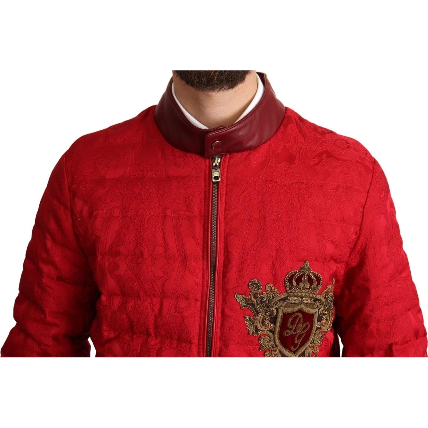 Dolce & Gabbana Red and Gold Bomber Designer Jacket red-brocade-bomber-gold-crown-logo-coat-jacket