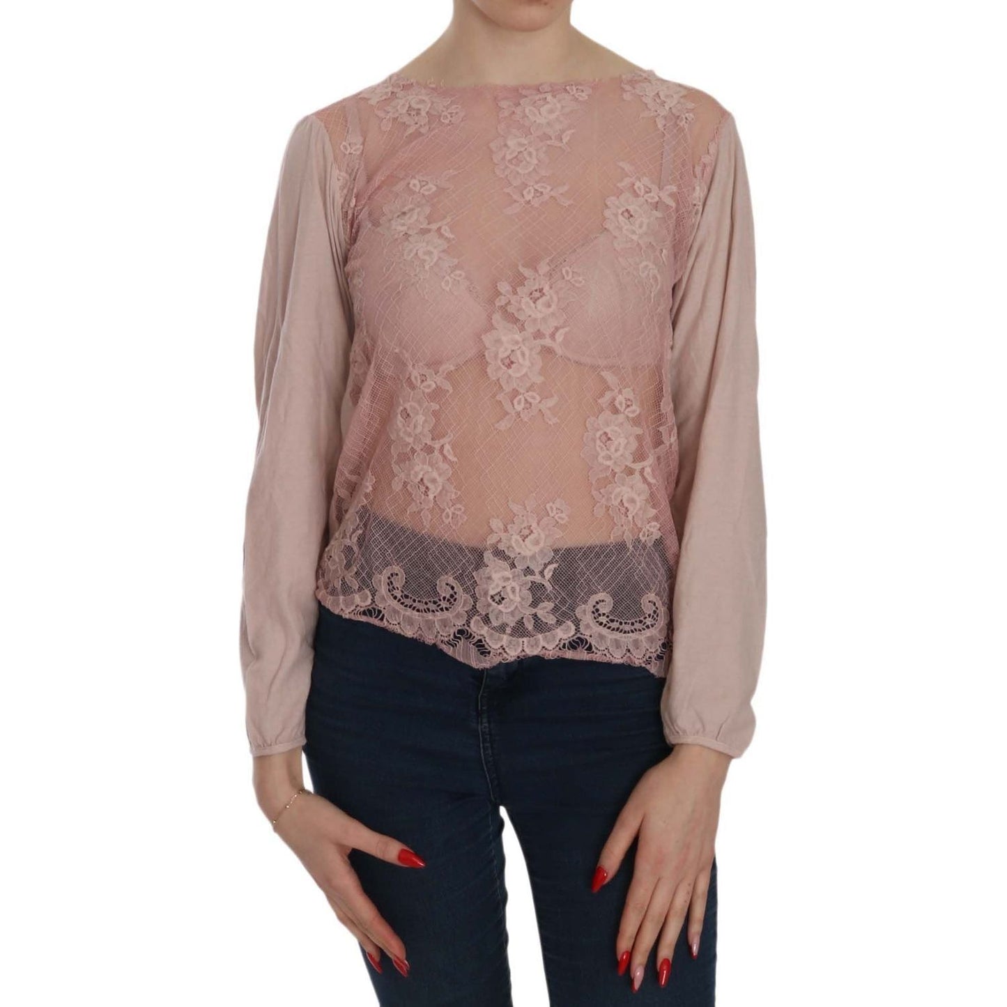 PINK MEMORIES Elegant Pink Lace Boat Neck Blouse pink-lace-see-through-long-sleeve-blouse