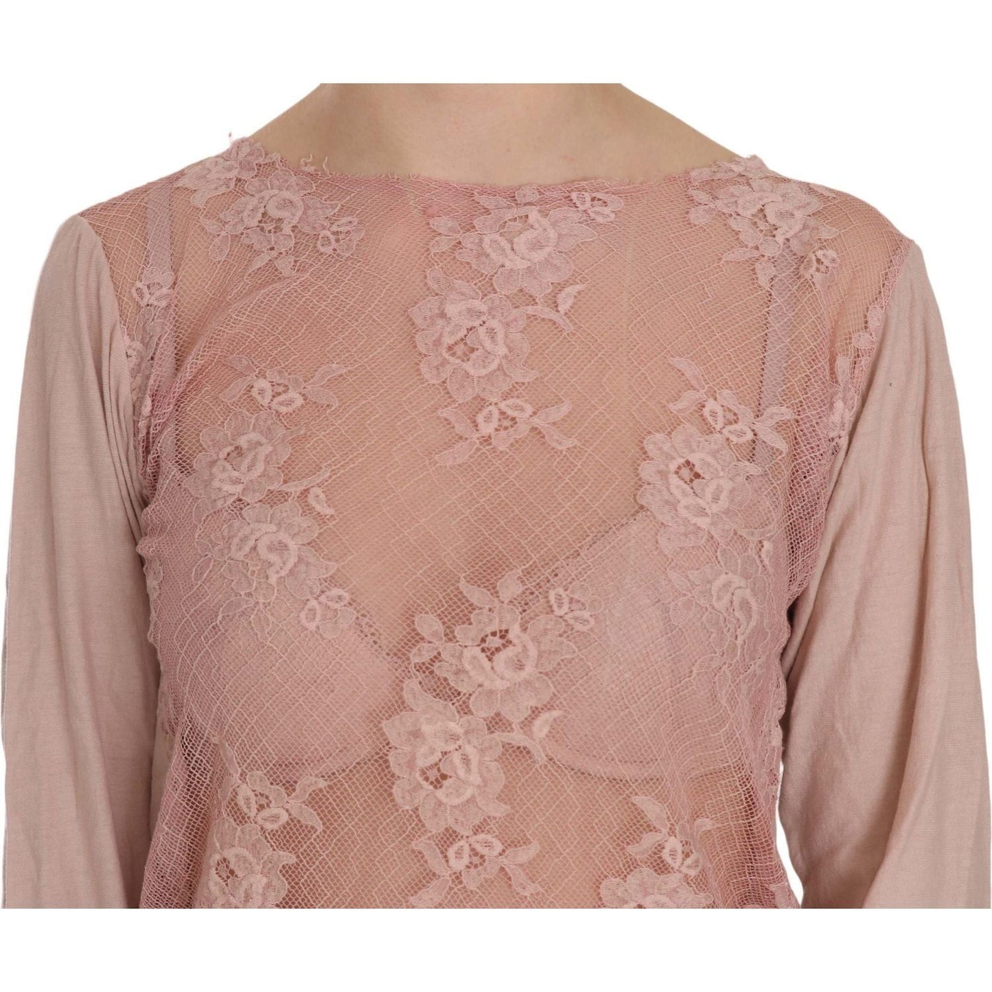 PINK MEMORIES Elegant Pink Lace Boat Neck Blouse pink-lace-see-through-long-sleeve-blouse