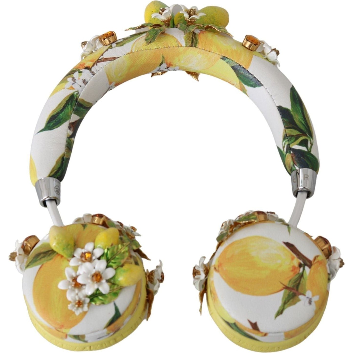 Dolce & Gabbana Glamorous Gold-Embellished Leather Headphones yellow-lemon-crystal-floral-headset-headphones