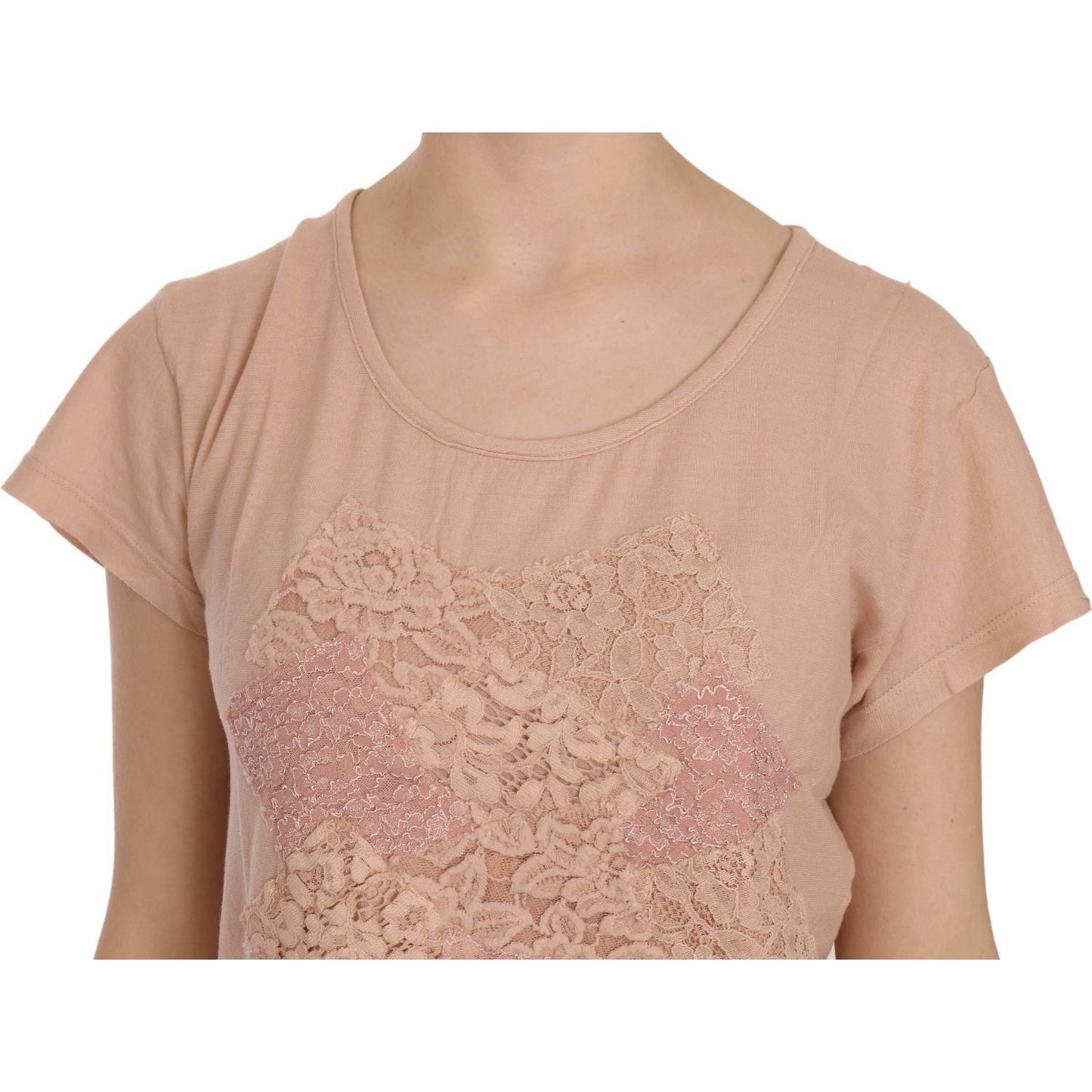 PINK MEMORIES Elegant Cream Lace Round Neck Blouse pink-cream-lace-short-sleeve-shirt-top-cotton-blouse