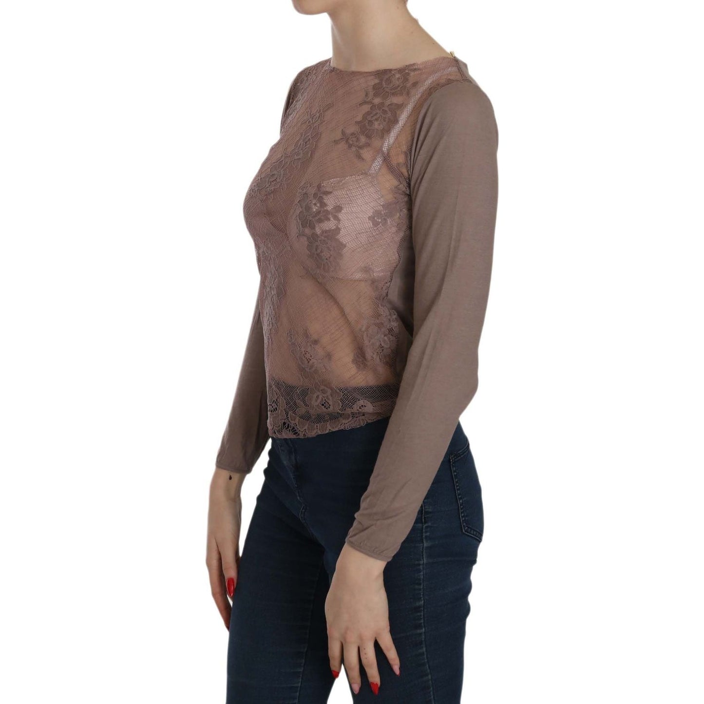 PINK MEMORIES Boat Neck Cotton Lace Blouse brown-lace-see-through-long-sleeve-top