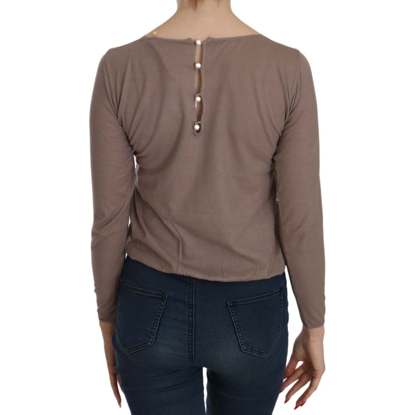PINK MEMORIES Boat Neck Cotton Lace Blouse brown-lace-see-through-long-sleeve-top