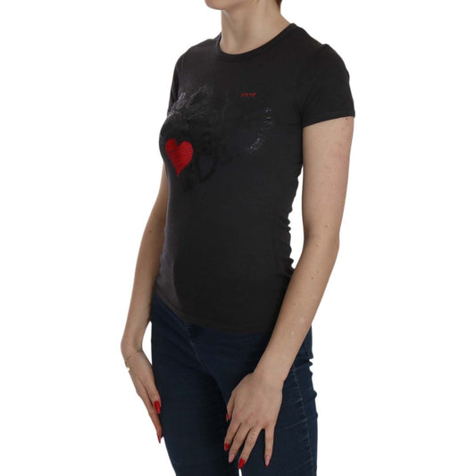 Exte Black Hearts Print Crew Neck Blouse black-hearts-print-short-sleeve-casual-shirt-top