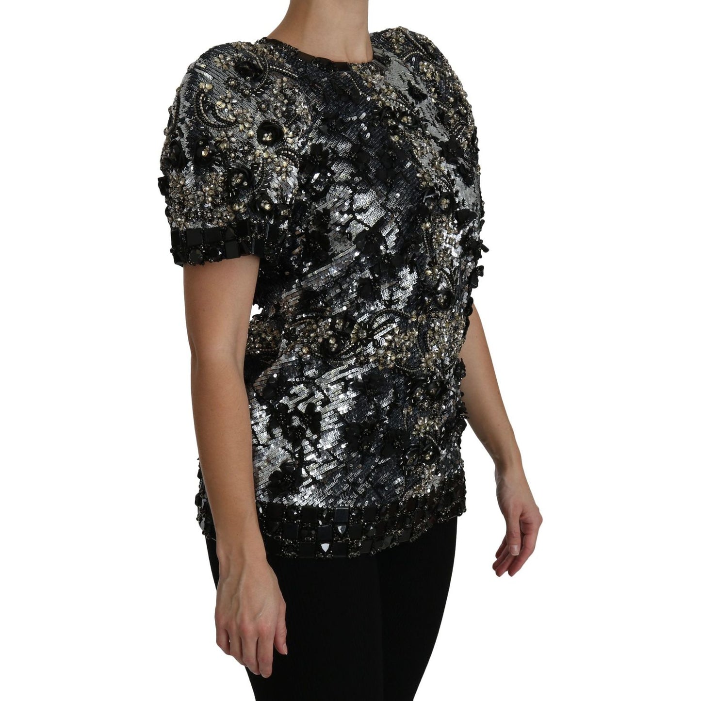 Dolce & Gabbana Sequined Crystal Embellished Crew Neck Top black-sequined-crystal-embellished-top-blouse