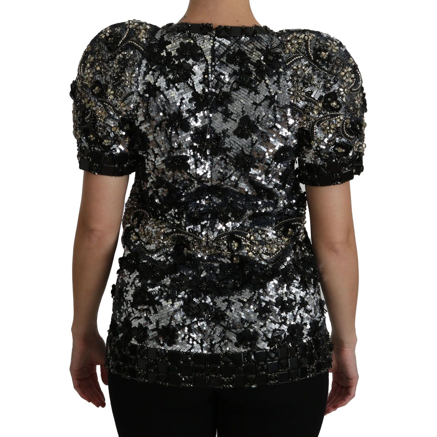 Dolce & Gabbana Sequined Crystal Embellished Crew Neck Top black-sequined-crystal-embellished-top-blouse