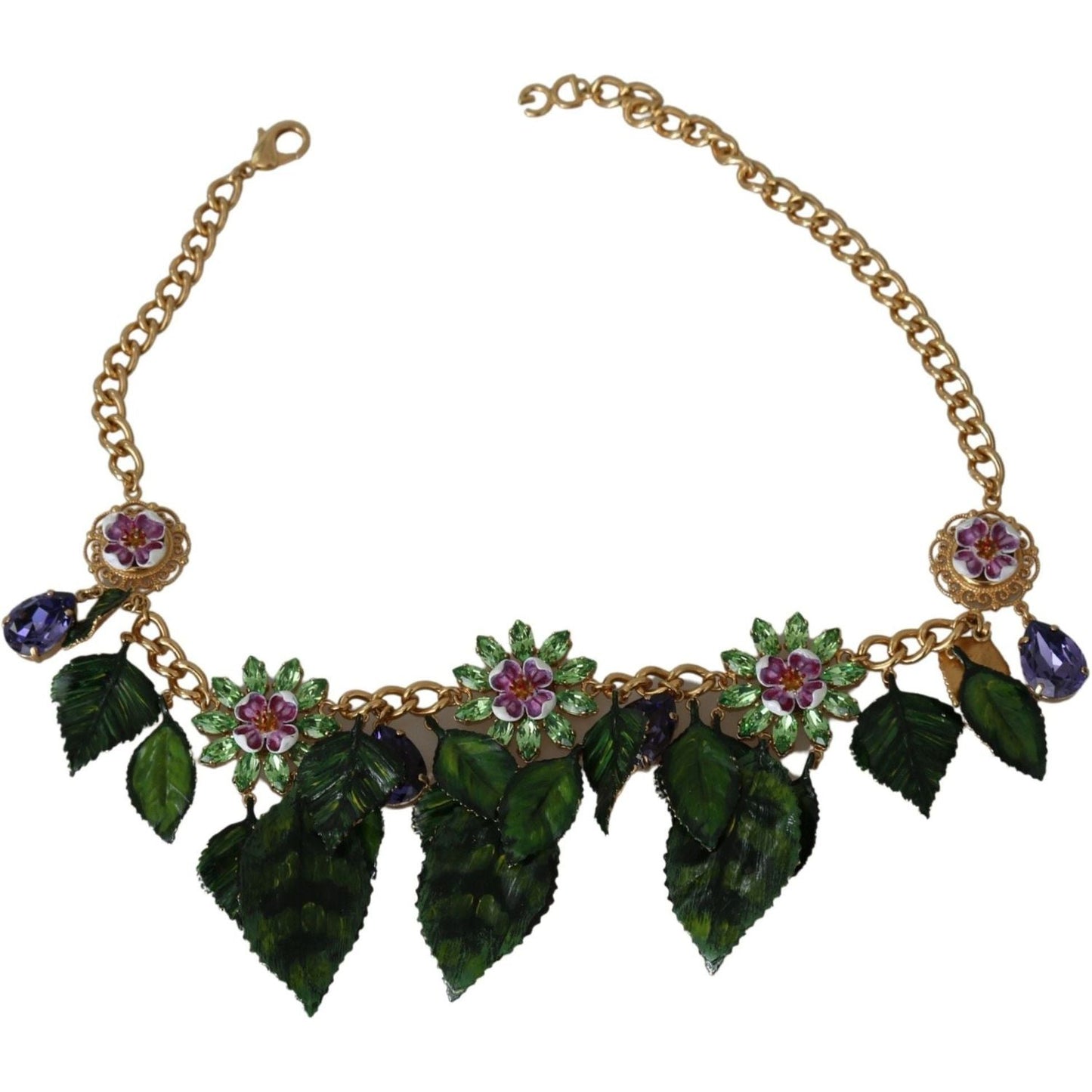 Dolce & Gabbana Elegant Crystal Charms Leaves Pendant Necklace Necklace green-leaves-gold-brass-crystal-flower-pendant-necklace