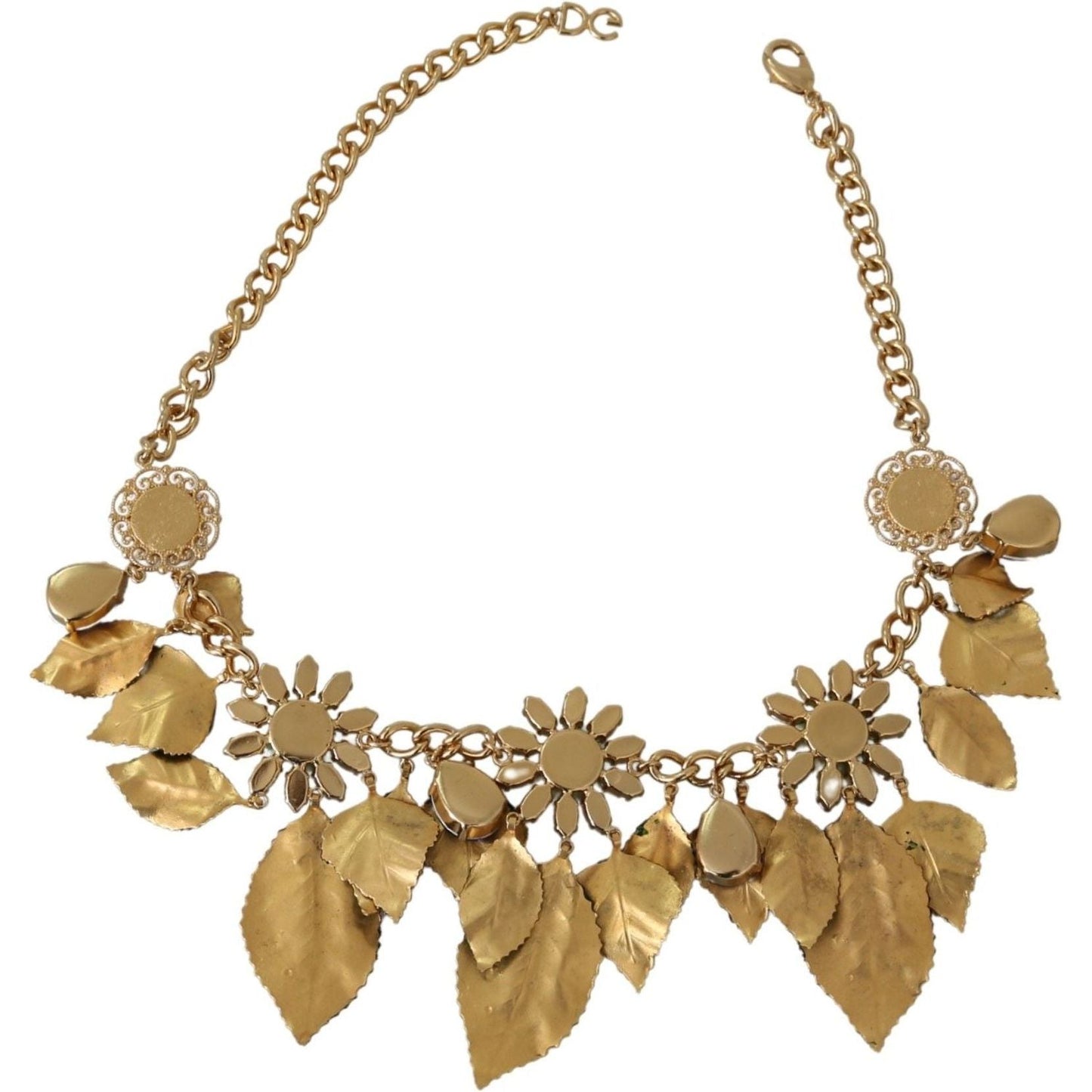 Dolce & Gabbana Elegant Crystal Charms Leaves Pendant Necklace Necklace green-leaves-gold-brass-crystal-flower-pendant-necklace