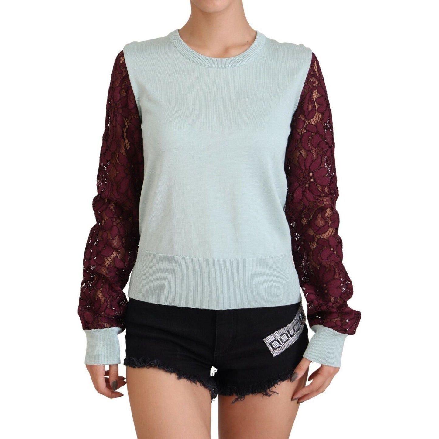 Dolce & Gabbana Elegant Multicolor Lace Silk Blend Sweater multicolor-lace-round-neck-pullover-sweater-1