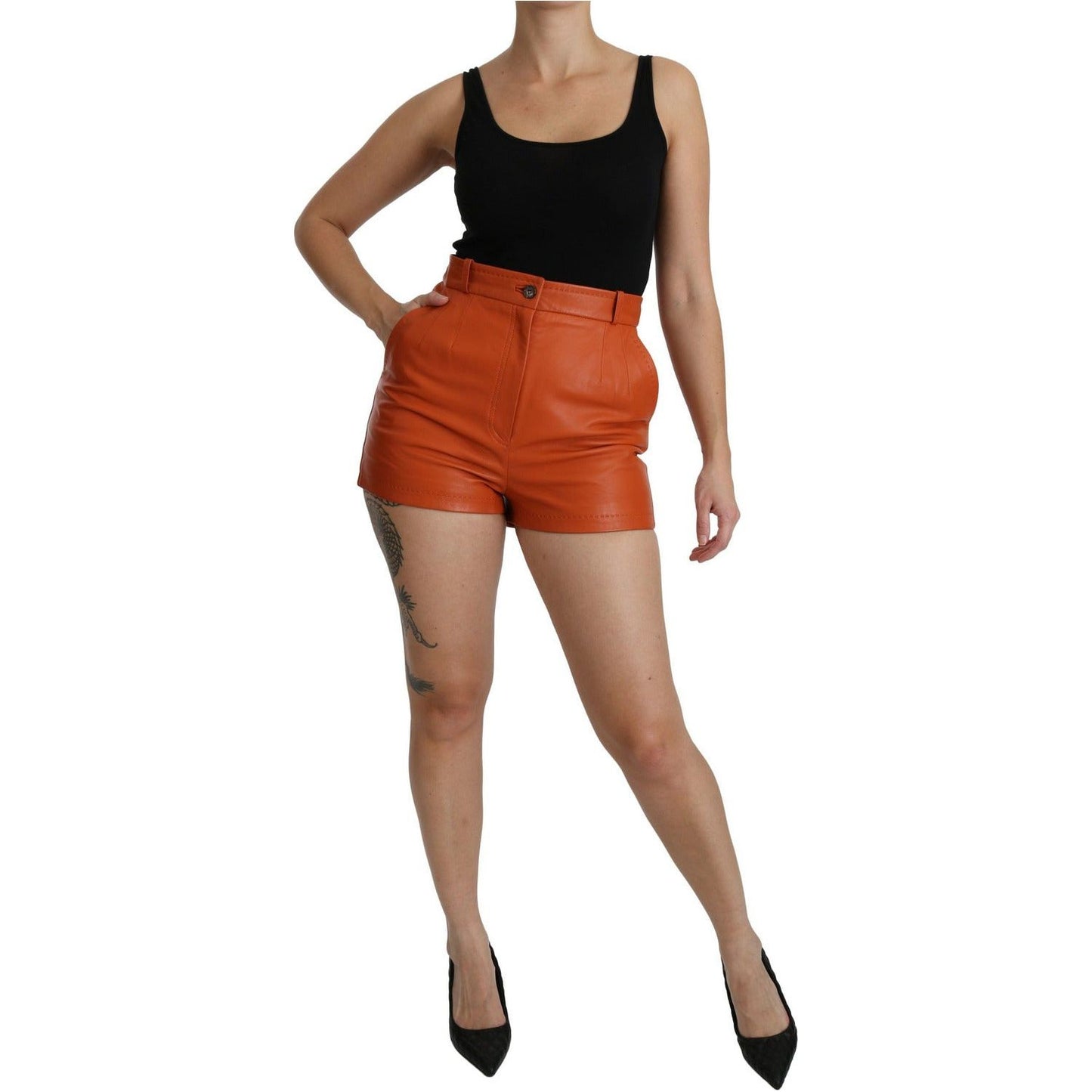 Dolce & Gabbana Chic Orange Leather High Waist Hot Pants Shorts orange-leather-high-waist-hot-pants-shorts