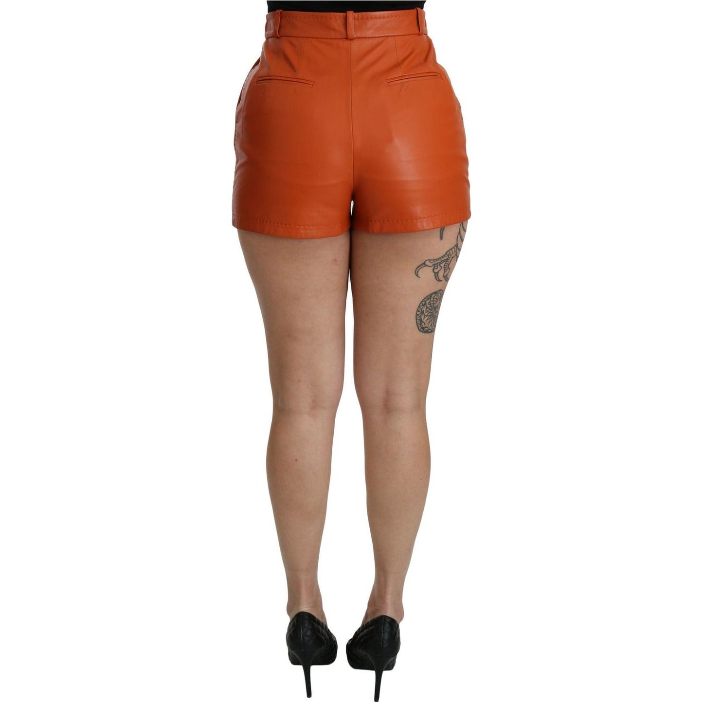Dolce & Gabbana Chic Orange Leather High Waist Hot Pants Shorts orange-leather-high-waist-hot-pants-shorts