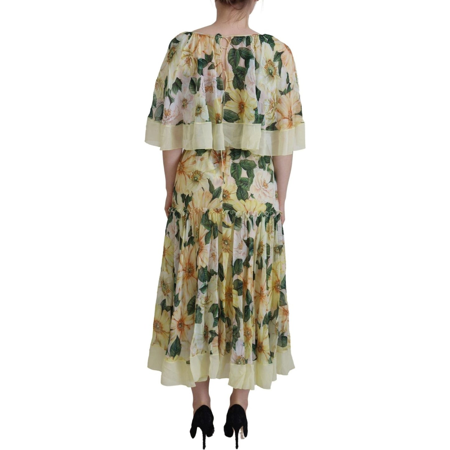 Dolce & Gabbana Floral Silk Pleated Maxi Dress yellow-floral-print-pleated-maxi-silk-dress