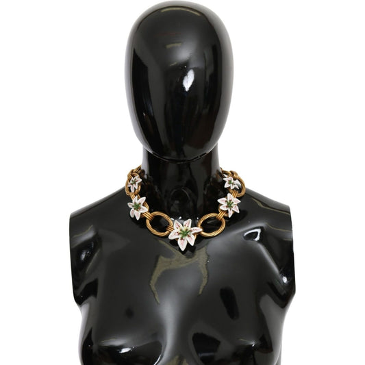 Dolce & Gabbana | White Floral LILIUM Pendant Gold Chain Brass Pearl Necklace Necklace | McRichard Designer Brands