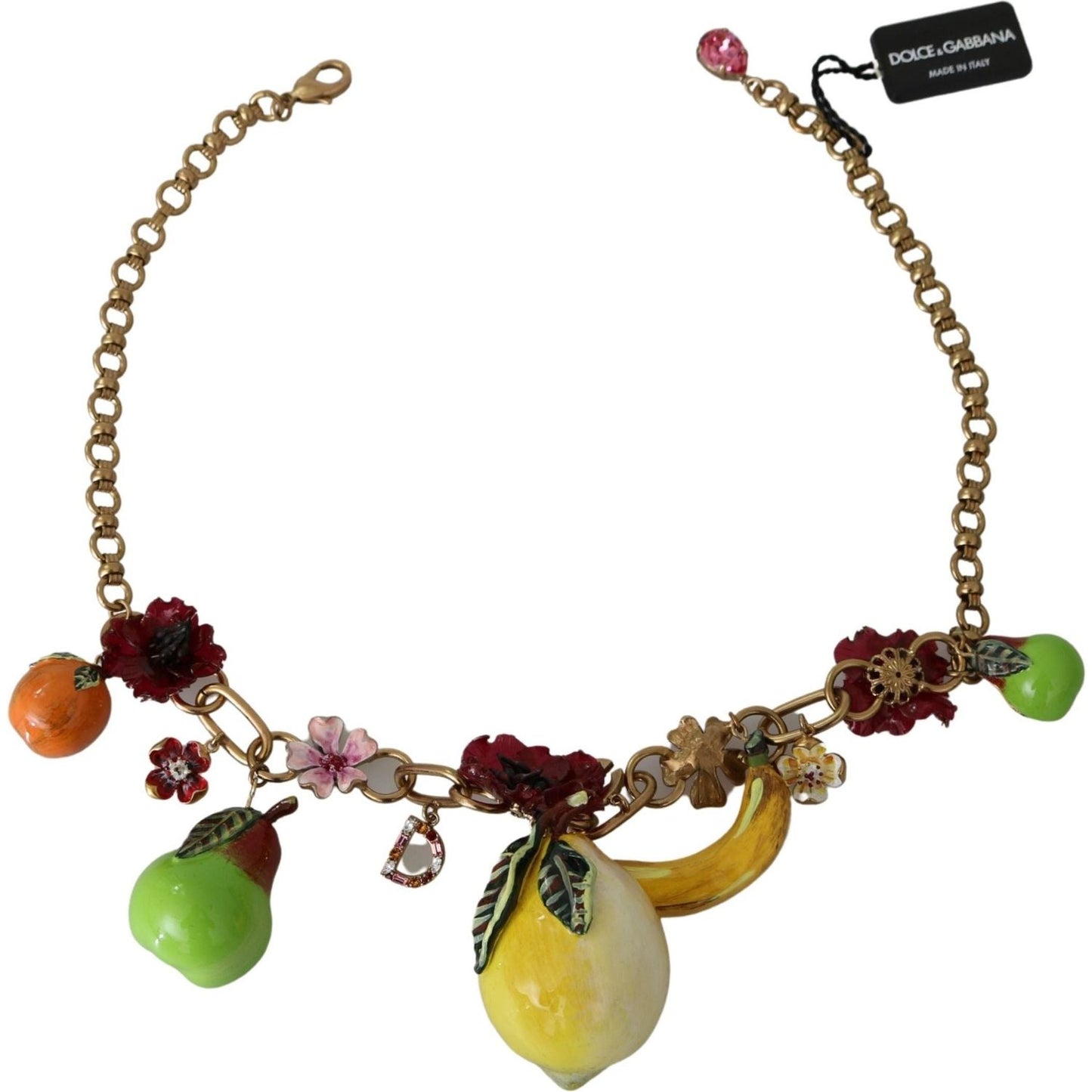 Dolce & Gabbana Crystal Embellished Floral Charm Necklace Necklace fruit-pendants-flowers-crystal-dg-logo-gold-brass-necklace
