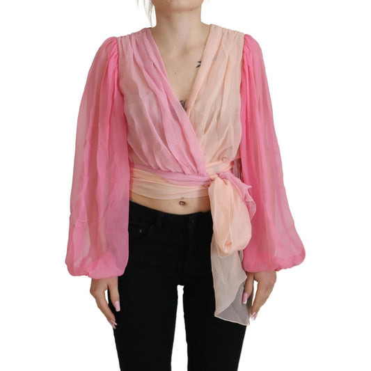 Dolce & Gabbana Silk V-Neckline Wrap Blouse in Pink pink-silk-wrap-long-sleeves-blouse-top