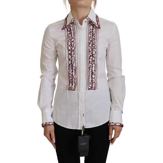 Dolce & Gabbana Elegant White Cotton Polo Top white-lace-long-sleeves-ruffle-collar-top